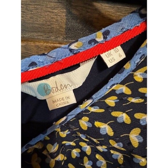 Boden Floral Blouse Top Womens Size 6 Navy Yellow Sheer Sleeves Ruffle - Picture 4 of 11